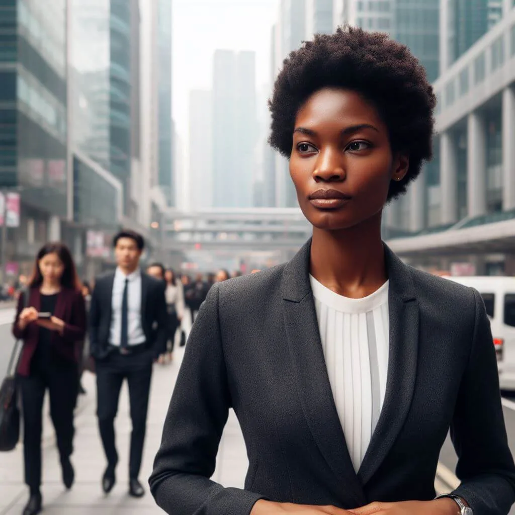 A Black woman with short natural hair, wearing a business suit, walking down a busy city sidewalk with a determined expression. The buildings are tall and modern, and there are people bustling around her.